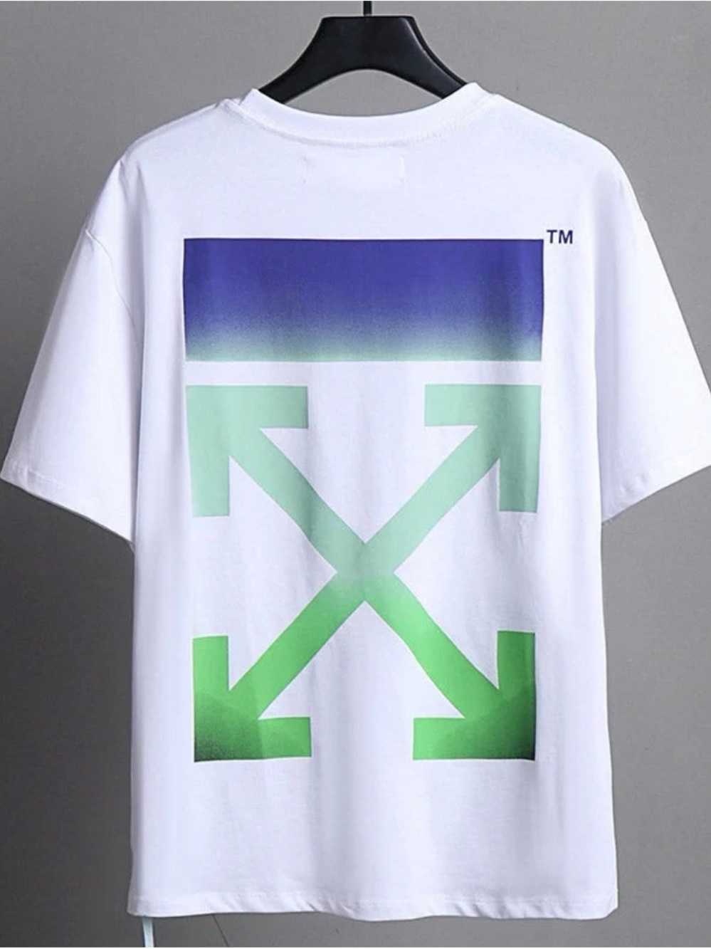 Off-White White Tee with Blue-to-Green Gradient Arrow Graphic, NWT, Size Small